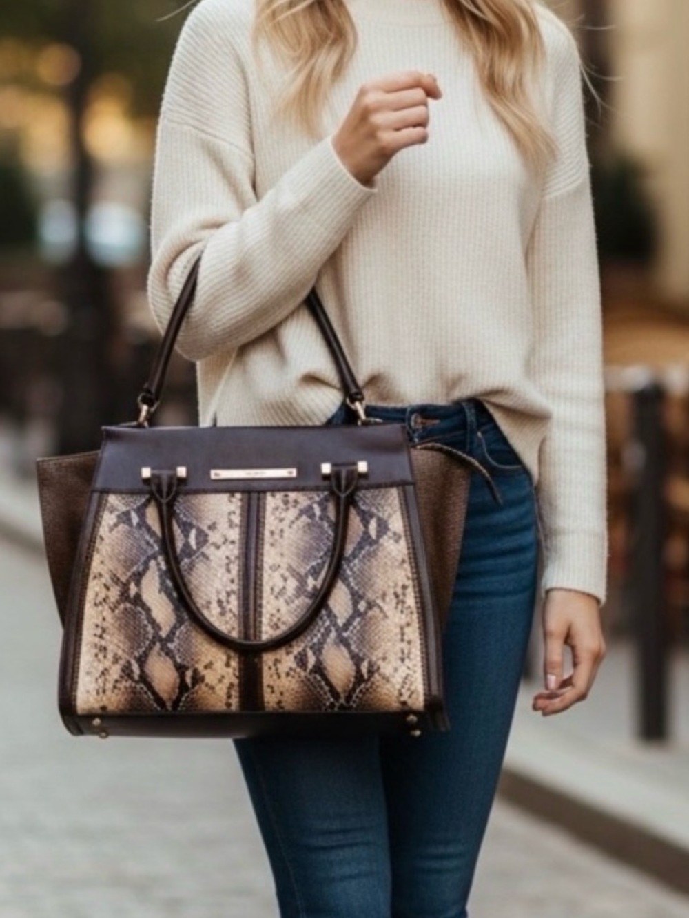 Brahmin Brown and Cream Snake-Print Leather Satchel